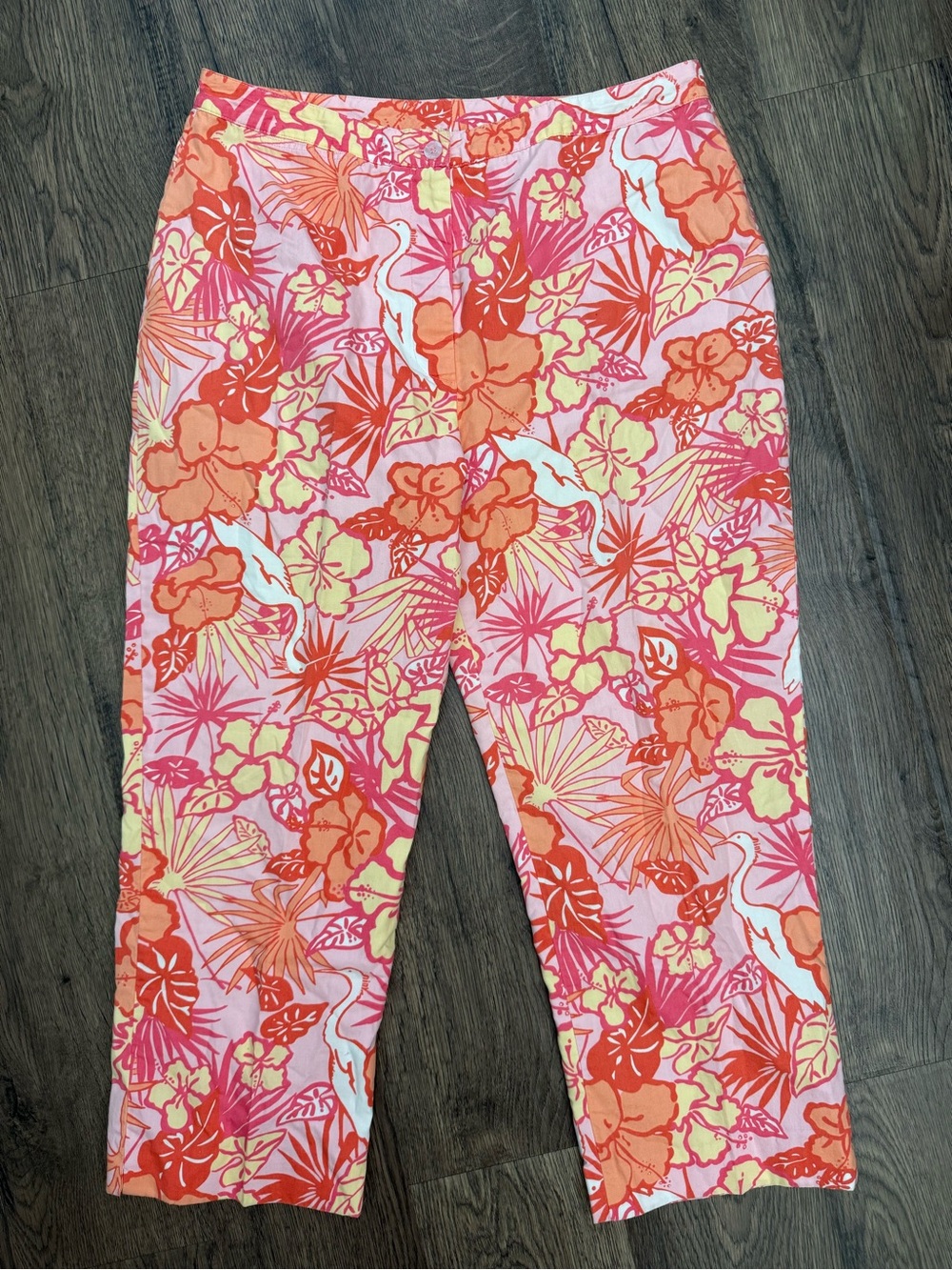 Lilly Pulitzer White Label Orange Pink Stork Cotton Print Pants Size 12